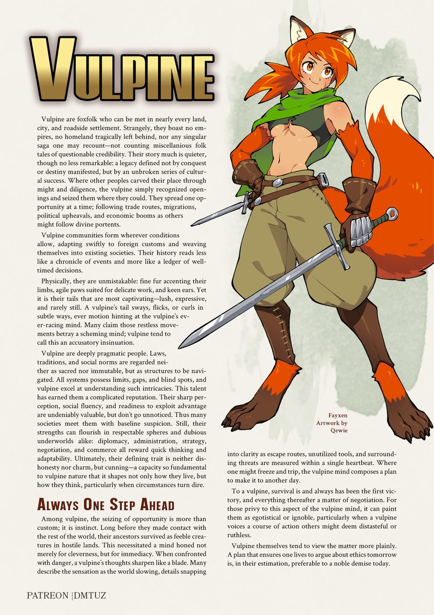 dm_tuz's tweet photo. Vulpine, a brand new Monster Girl species emerges!

~~Illustrated by Quewie~~ 

Follow for regular Monster Girl/TTRPG Content!  Link to free PDF in replies! 

#monstergirl #MonsterGirls #DnD #dnd5e #dungeonsanddragons https://t.co/SAocZjmOak