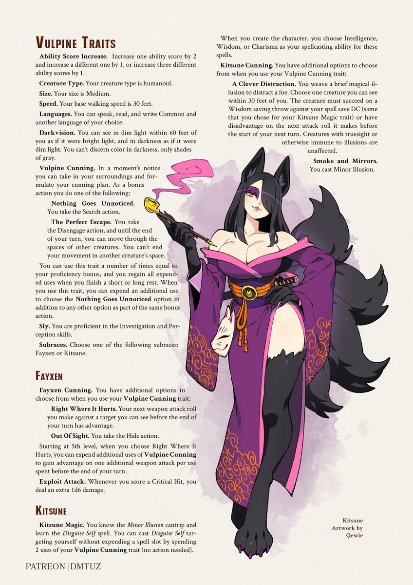 dm_tuz's tweet photo. Vulpine, a brand new Monster Girl species emerges!

~~Illustrated by Quewie~~ 

Follow for regular Monster Girl/TTRPG Content!  Link to free PDF in replies! 

#monstergirl #MonsterGirls #DnD #dnd5e #dungeonsanddragons https://t.co/SAocZjmOak