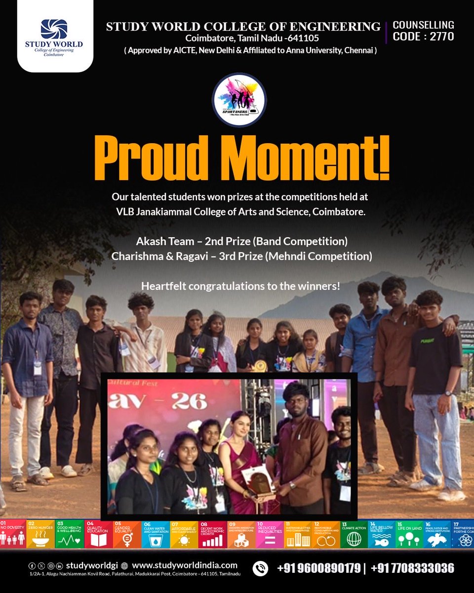 StudyWorldGI's tweet photo. Proud Moment for Study World! 🎉

Our talented students have brought pride to the campus by winning prizes at the competitions held at VLB Janakiammal College of Arts and Science, Coimbatore. 🏆 https://t.co/I5a4oveOHP