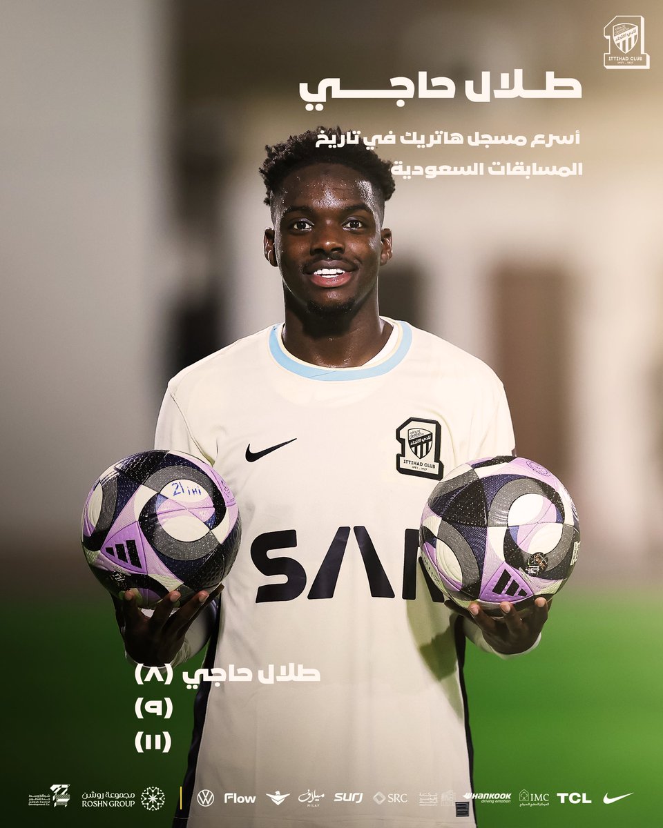 ittihad_fr's tweet photo. رقم قياسي 🌟🔝
أسرع هاتريك مسجل في المسابقات السعودية الرسمية باسم لاعبنا طلال حاجـي ⚽️⚽️⚽️ https://t.co/dqF8fr5VpD