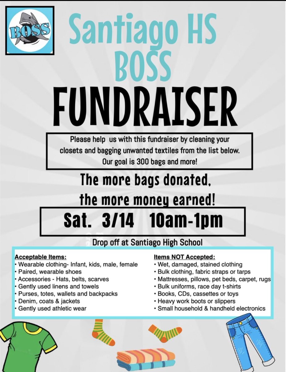 3/14 Next weekend 10 AM - 1 PM…clear out those closets (👚👗🧤🧢).