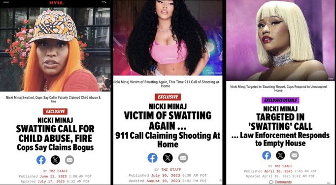 Nicki Minaj's home has been swatted MULTIPLE times with her young child inside as part of a targeted smear campaign

Police took no real action, no arrests made. She publicly pleaded for help from Gov. Gavin Newsom... he ignored her. She's a mother, wife, &amp; daughter fighting for