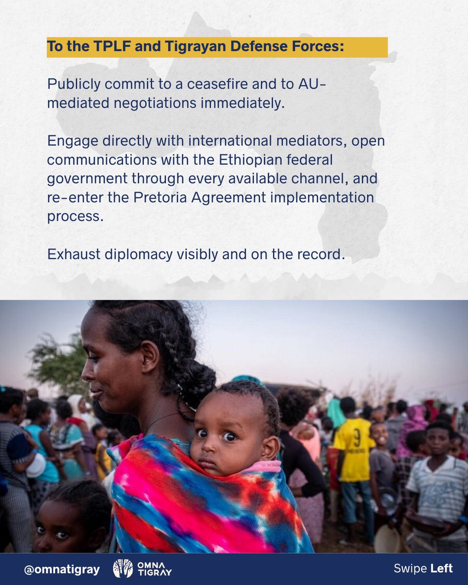 OmnaTigray's tweet photo. We demand (2/3):

TIRA: Communicate transparently. Activate emergency response. Protect and inform your civilians.

TPLF: Commit to a ceasefire publicly. Re-enter the Pretoria process. Exhaust every diplomatic channel visibly and on the record.

#Tigray #Ethiopia #Eritrea #Peace https://t.co/bXc2dbt9d6