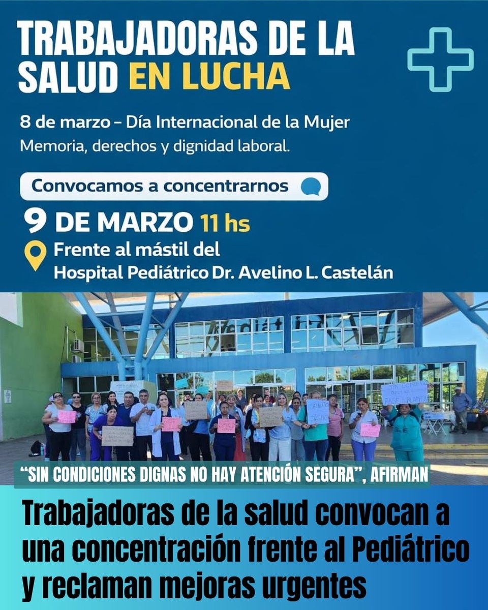 La convocatoria será este 9 de marzo a las 11 frente al mástil del Hospital Pediátrico de Resistencia. Exigen recomposición salarial, más personal, insumos y mejores condiciones de trabajo.

Nota
eschaco.com/vernota.asp?id…