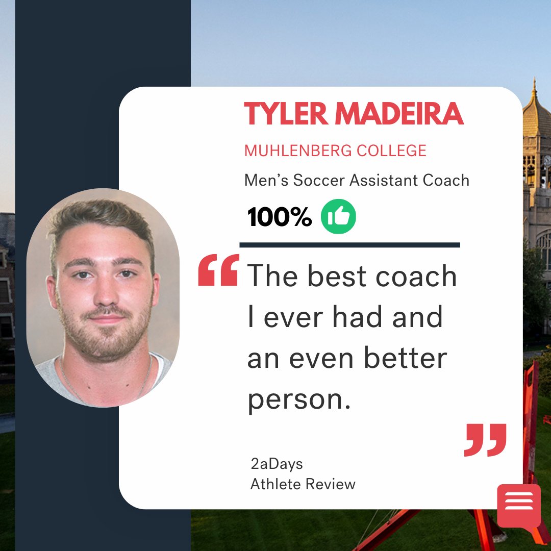 2aDays_Ratings's tweet image. Tyler Madeira, Assistant Coach for @muhl_sports men's soccer team received his first #2aDays review this weekend. The athlete reviewer writes that Madeira "helped me alot" and says he's the best coach. Read the full review and #rateyourcoach: bit.ly/4cvXPQJ