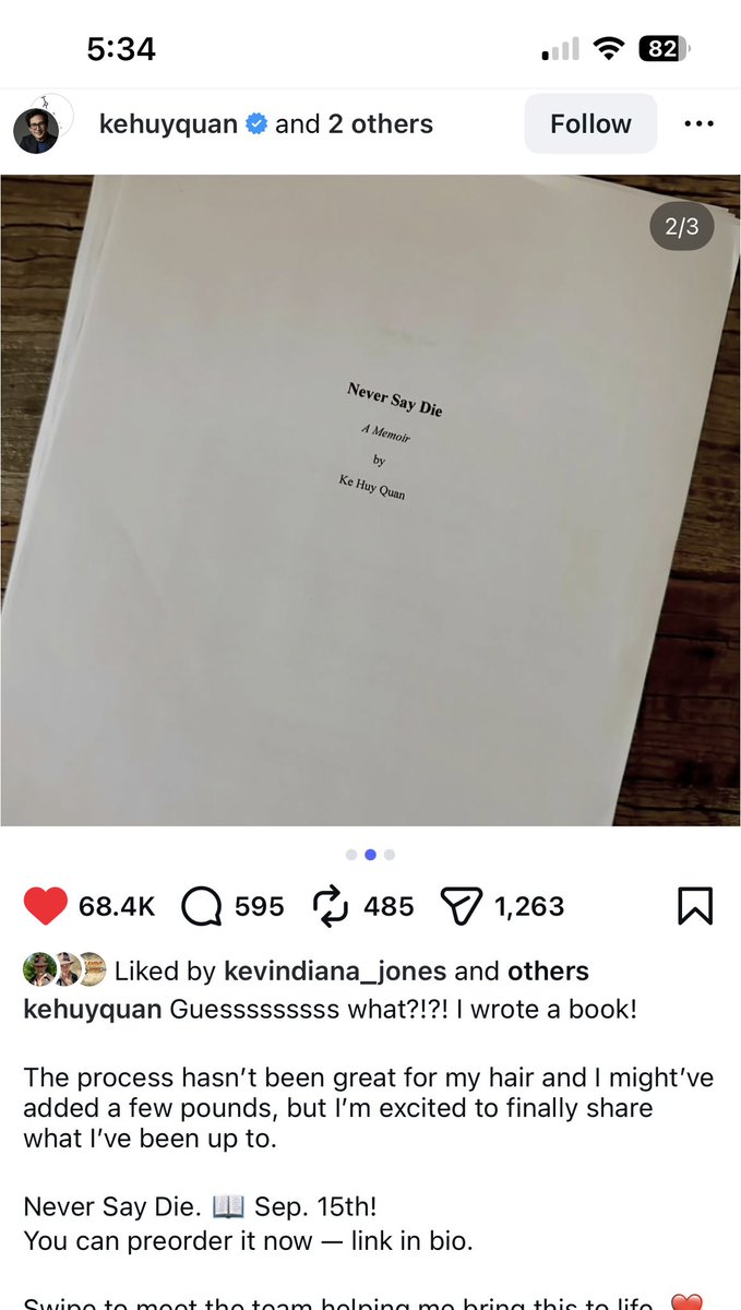 Looks like Ke Huy Quan is coming out with a memoir of his life story and career… really excited to read this one about his time on temple of doom… #indianajones