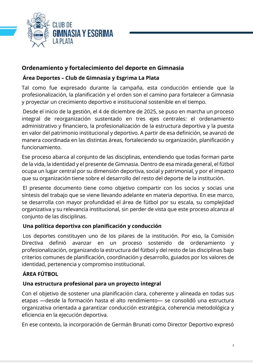 Gus_Michemberg's tweet photo. 🚨#GELP Y #CGE| Comunicado oficial.

Política y gestión deportiva en Gimnasia
La Comisión Directiva presentó un informe sobre el proceso de ordenamiento y profesionalización del deporte en el club, iniciado el 4 de diciembre de 2025. https://t.co/7BkXAWf7ta