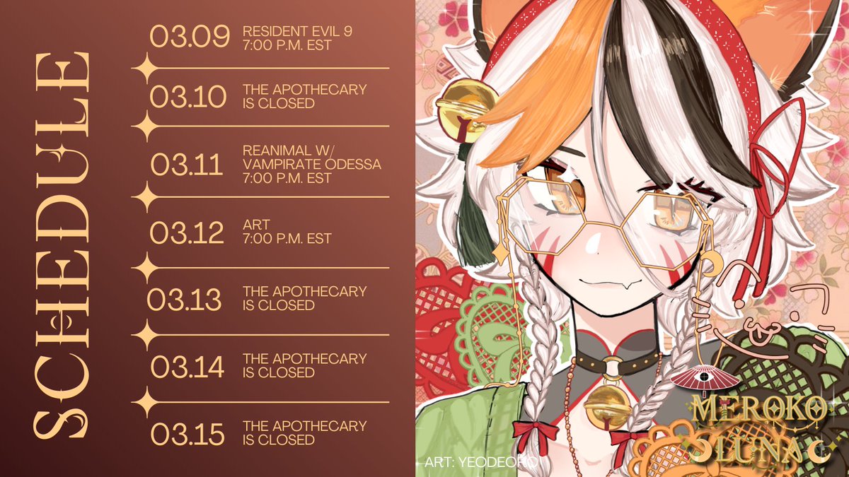 meroko_luna's tweet photo. ☂️SCHEDULE WEEK OF 03.09.2026 🌙

Apologies for having to take some time off last week, but we're back this week! I'm so excited to play more Resident Evil and Reanimal!! https://t.co/U2OlX04ZFD