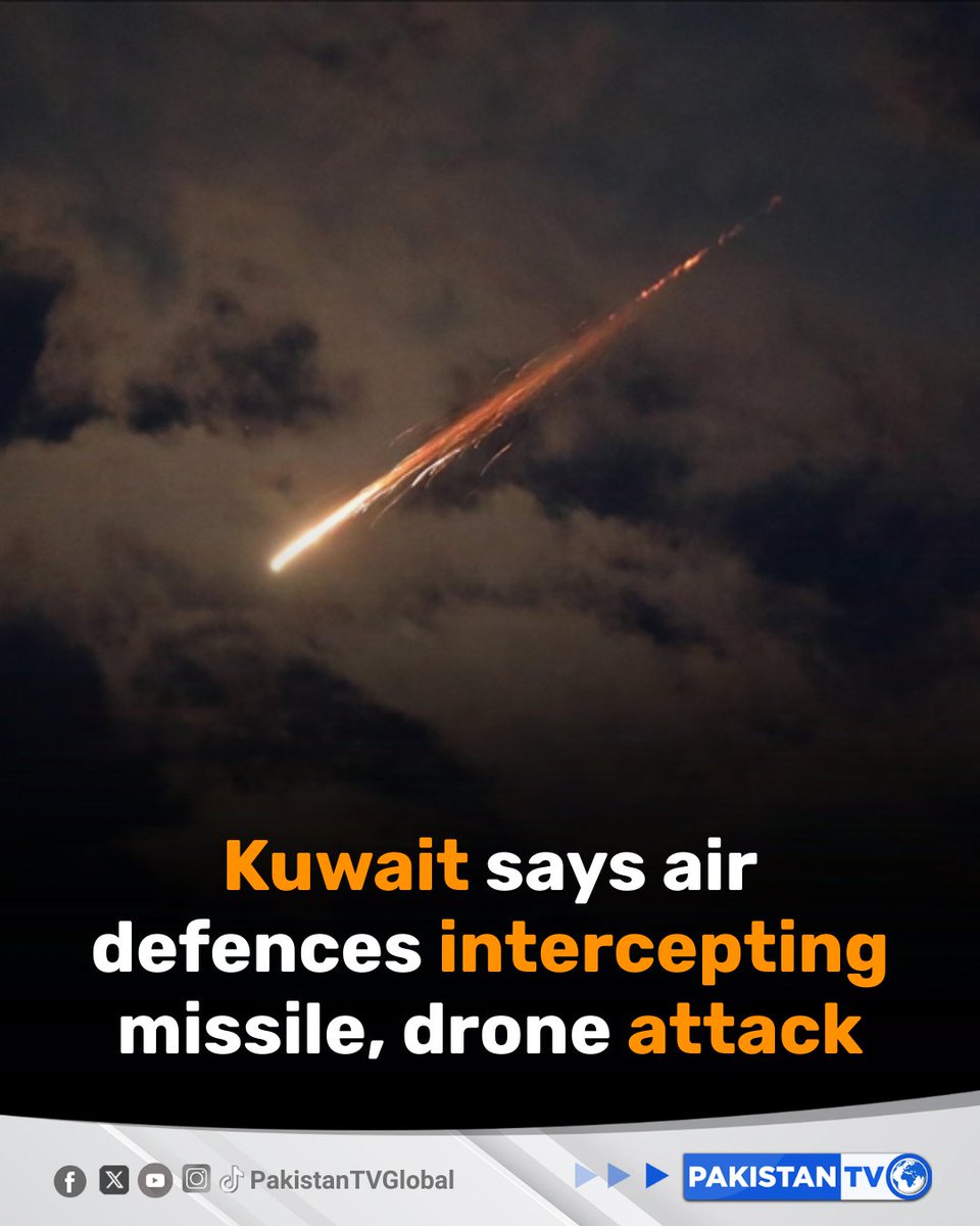 PakTVGlobal's tweet photo. Kuwait's defence ministry said the country's air defences were working to intercept a new missile and drone attack on the Gulf nation on Monday, as Iran continues its retaliatory strikes in its war with the United States and Israel.
#KuwaitAirDefence #MissileInterception #IranRetaliation #GulfTensions #PakistanTV #pakistantvglobal