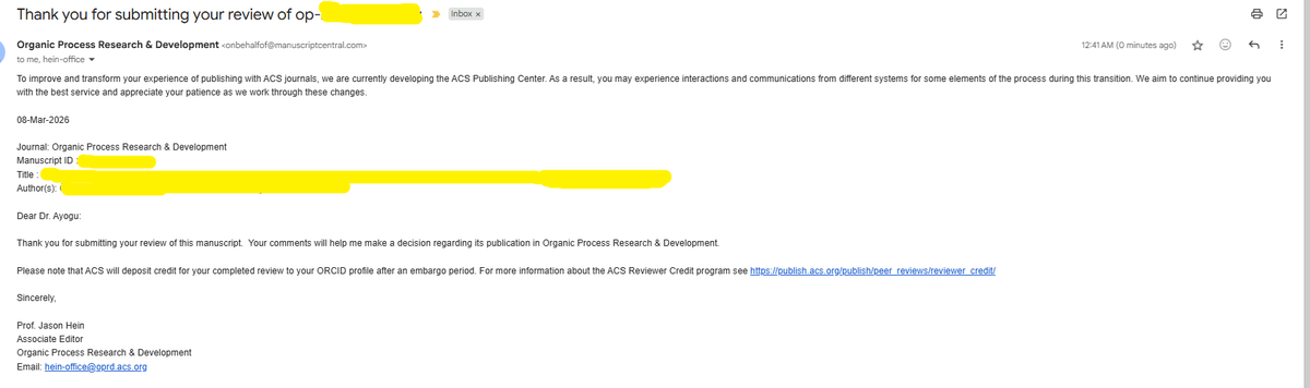 judechem's tweet photo. I am pleased to have completed a peer review for Organic Process Research & Development (@ACSPublications).

Peer review is a fundamental part of maintaining rigour and integrity in scientific research. Contributing to this process is both a responsibility and an opportunity to support the advancement of our field.

Grateful to the editors for the opportunity to contribute to the evaluation of new work in catalysis and process chemistry.

#Peerreview #ACS #Scientificpublishing #catalysis