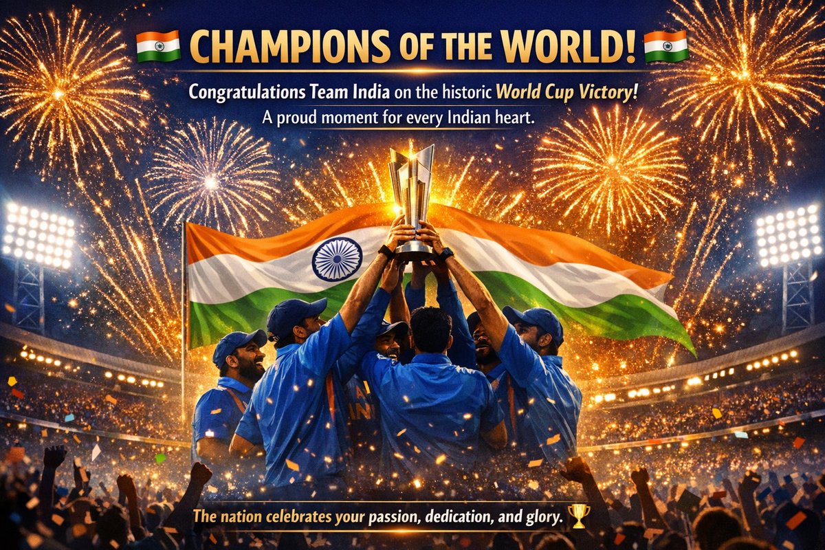 yachika's tweet photo. India's glorious victory! 🙌 
A night to remember♥️🇮🇳

INDvsNZ
#IndiaVsNewZealand
#T20WorldCup2026final

Thankyou Team India♥️ https://t.co/oIQdGorDoY