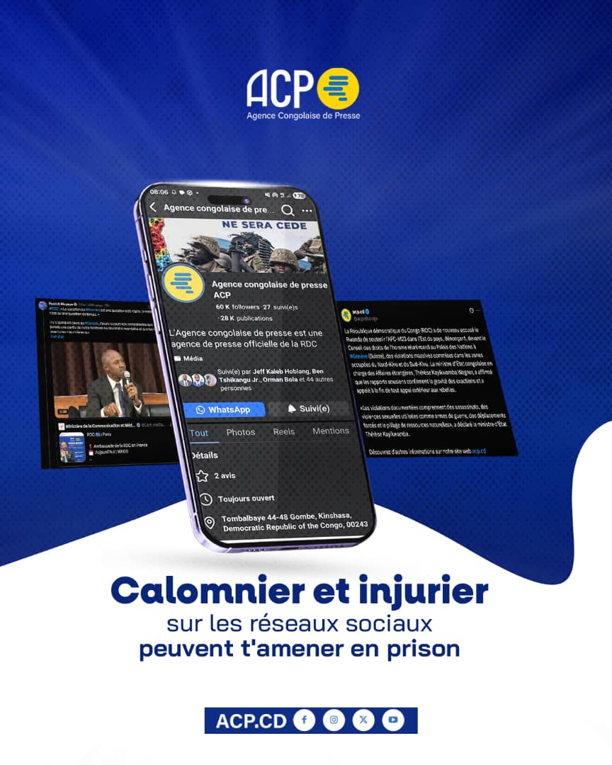 acprdcongo's tweet image. #Attention : le Code du numérique en vigueur en République démocratique du Congo punit pénalement toute personne qui calomnie ou injurie autrui. De même, toute usurpation d’identité est passible d’une peine de 1 à 5 ans de prison et d’une amende de 20 à 100 millions de francs
