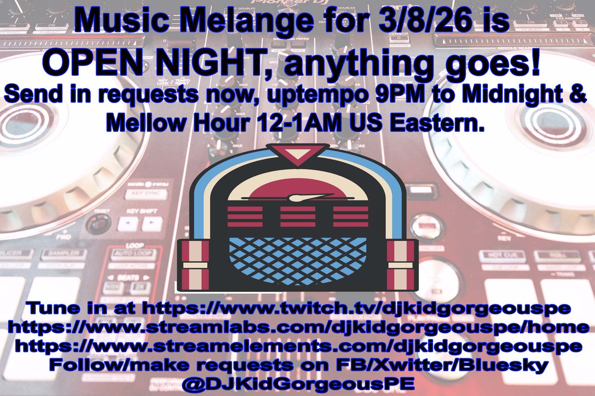 Whatever YOU want to hear, uptempo tunes 9pm-midnight &amp; Mellow Hour 12-1am (US Est).
Alt sites to listen &amp; support:
streamlabs.com/djkidgorgeousp…
streamelements.com/djkidgorgeouspe
#dj #streamer #streaming #music
2/2