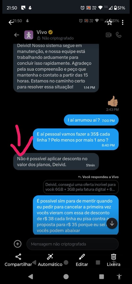 DoContr23275425's tweet photo. @segattinarrador @vivobr Olha isso a mentira das mentiras da @vivobr  
1 eu peço cancelamento 
2 eles me dão um pequenino desconto 
3 eu faço uma contraproposta 
4 a atendente me disse que é impossível aplicar desconto 😂😂😂😂

( Só tô dando mais força para o que você disse) Kkkk https://t.co/TKFaW5E010