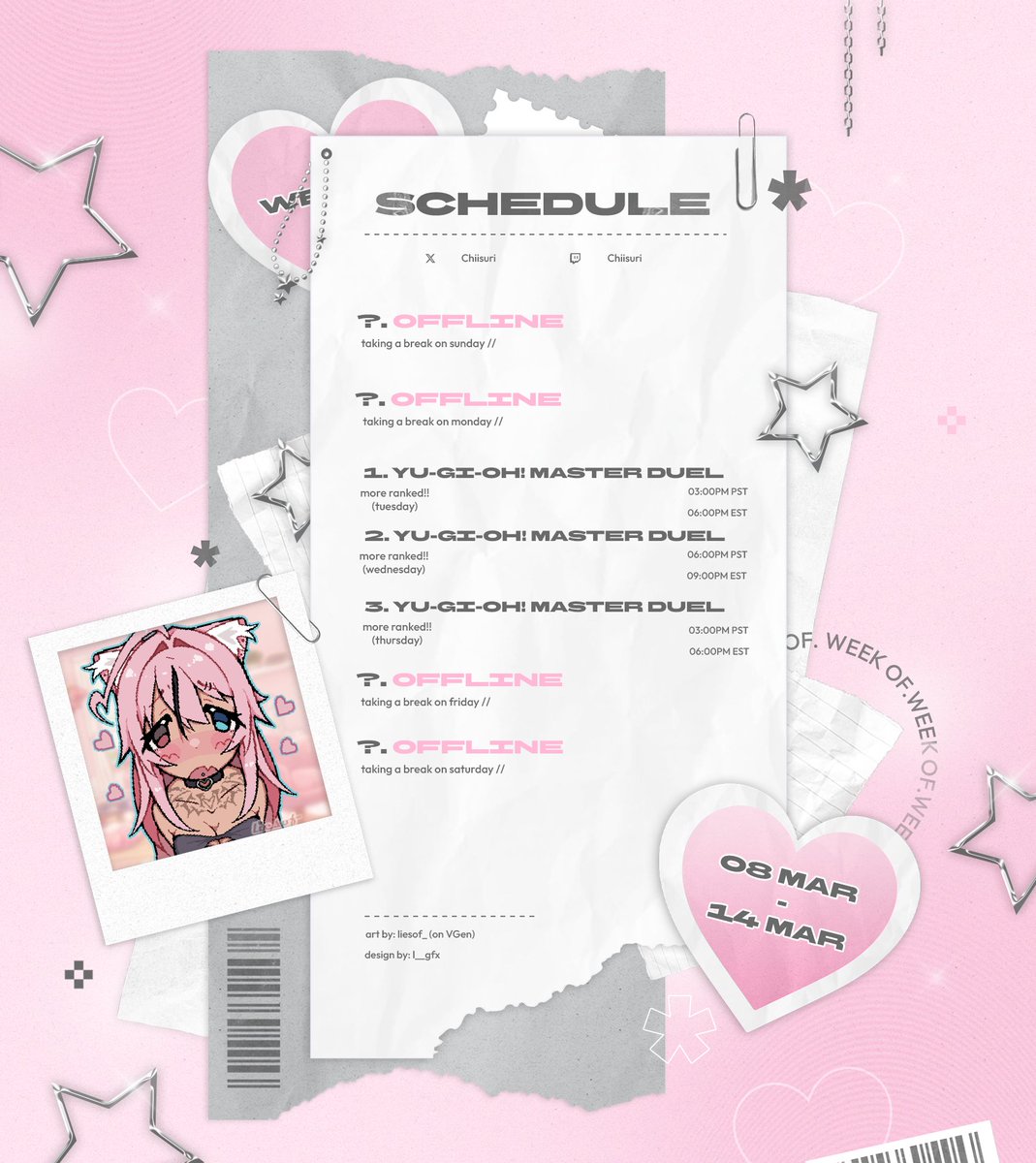 Chiisuri's tweet photo. This week is back to business as usual.. Check out the stream schedule to stay tuned!! 💞

I'll be playing more Yu-Gi-Oh! Master Duel ranked + I'll host a lobby for a community night so everyone can showcase their wonderful decks! ⚔️

Make sure to follow for updates! 💗 https://t.co/CVHSWAQeNF