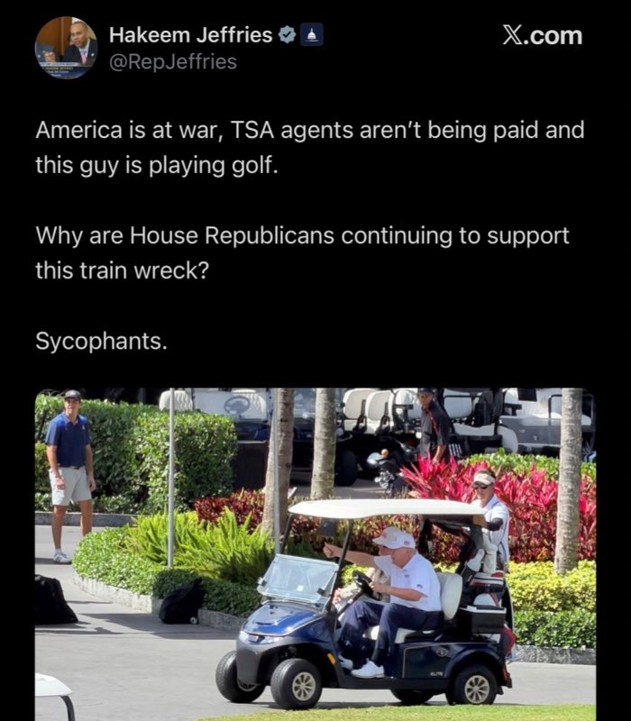 MattWhitlock's tweet photo. This may be the worst pair of Democrat leaders ever.

On one side you have dead-eyed Hakeem Jeffries - tweeting about TSA agents not being paid (Dems shut down DHS) 

On the other you have Salmonella Schumer tweeting about the strategic petroleum reserve (emptied under Biden) https://t.co/FIXDtIiRMk