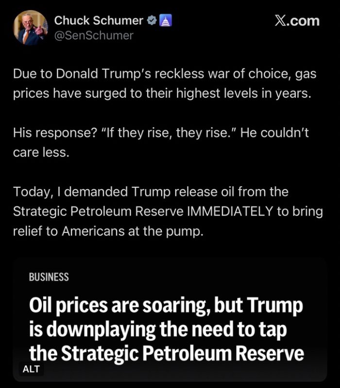 MattWhitlock's tweet photo. This may be the worst pair of Democrat leaders ever.

On one side you have dead-eyed Hakeem Jeffries - tweeting about TSA agents not being paid (Dems shut down DHS) 

On the other you have Salmonella Schumer tweeting about the strategic petroleum reserve (emptied under Biden) https://t.co/FIXDtIiRMk