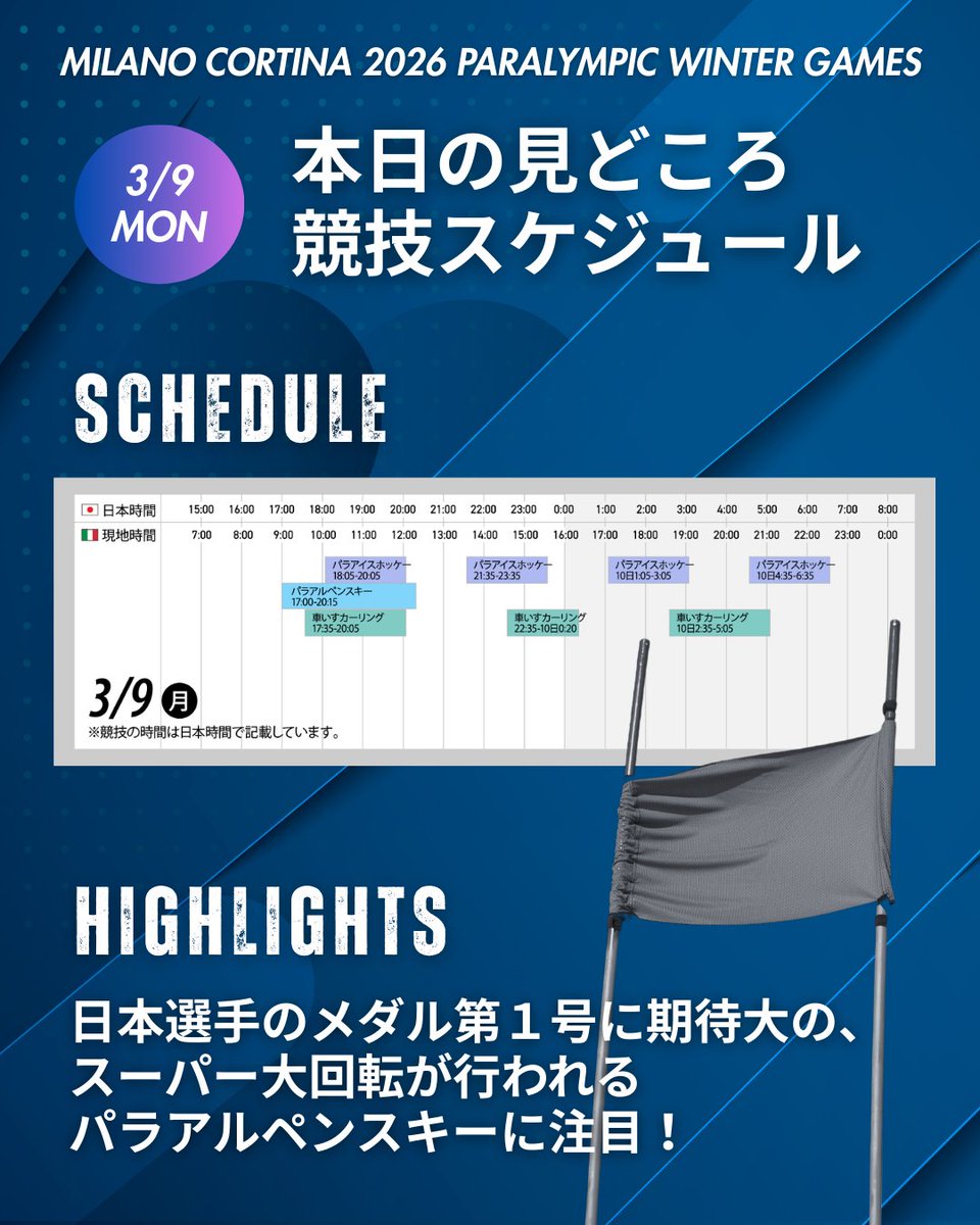 #ミラノ・コルティナ2026
#パラリンピック

︵︵︵︵︵︵︵︵
本日の見どころ🇮🇹
競技スケジュール
︶︶︶︶︶︶︶︶

💡実施予定の競技
🥌車いすカーリング
🎿パラアルペンスキー
🏒パラアイスホッケー

✅実施種目や出場選手はこちらから
https://t.co/0zD0G7ITbs http
