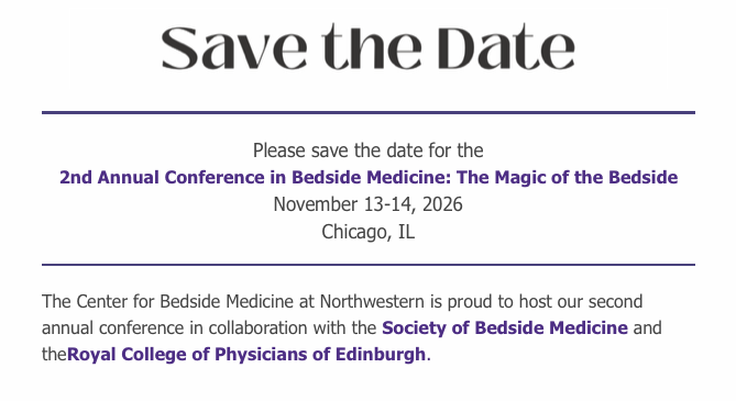 AndreMansoor's tweet photo. Save the date: 2nd Annual Conference in Bedside Medicine – “The Magic of the Bedside”
📍 Chicago | Nov 13–14, 2026

Workshops with real patients, expert plenaries, bedside technology &amp; more.

Registration opens in May !

🔗 https://t.co/HoO7lDgJbI
🎥 https://t.co/7yD20MWggP https://t.co/bLqnQdaNp6