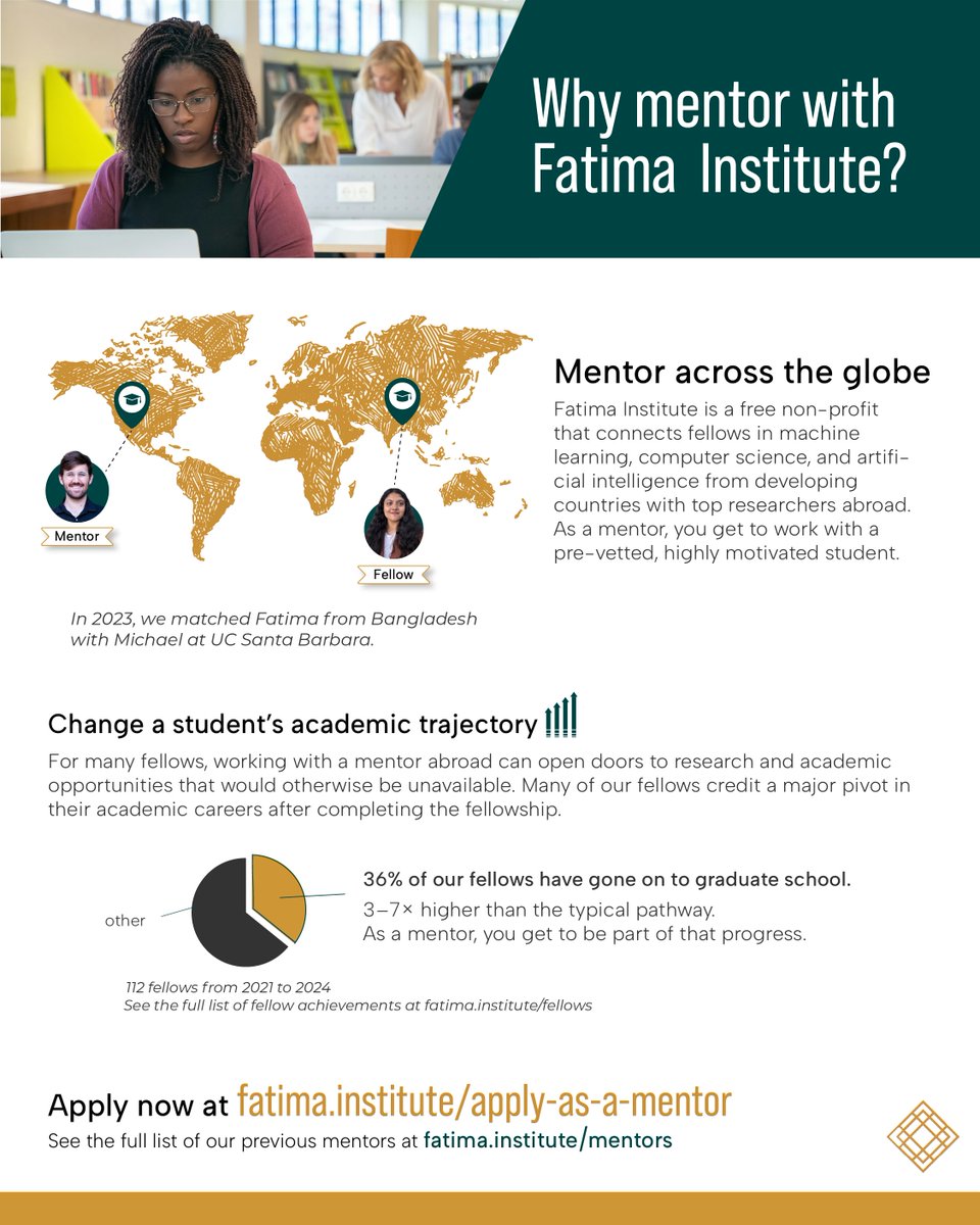 fatimafellowshp's tweet photo. Interested in mentoring a student in ML, CS, or AI? 💡

Fatima Institute pairs researchers with pre-screened fellows from around the world for remote research mentorship, helping students access opportunities not always available locally.

Apply! https://t.co/FU7JiGAc6H https://t.co/sGMmGATFmN