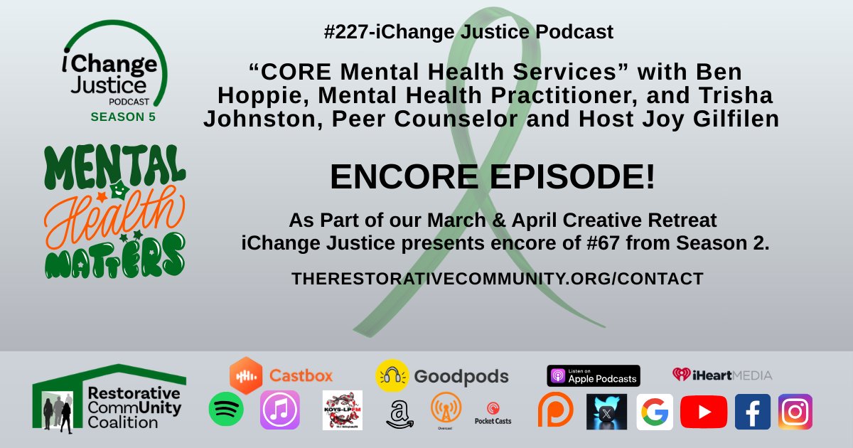 RCCProJustice's tweet photo. #227-iChange Justice Podcast – CORE Mental Health Services (Encore)

As part of our March and April creative retreat, Restorative Community Coalition is sharing encore conversations that highlight community solutions and lived experience. Reach out to give your feedback. https://t.co/aAsfJNOpql