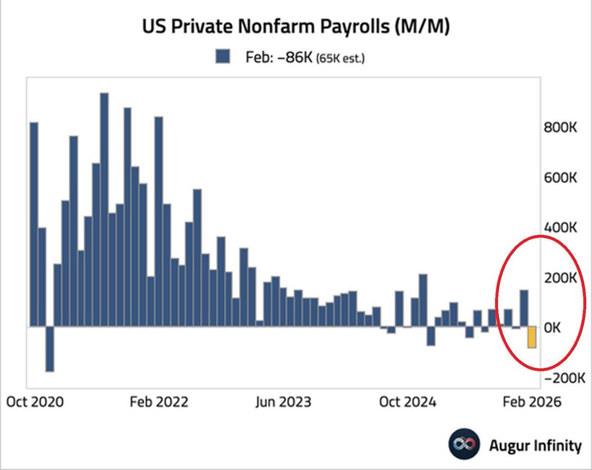 ⚠️The US labor market is deteriorating FAST:

The US private sector shed -86,000 jobs in February, the worst monthly loss since the 2020 Crisis.

The biggest losses were in Education and Healthcare Services at -34,000, Hospitality at -27,000, and Manufacturing at -12,000.

The