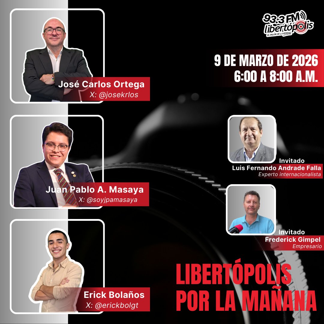 📺Sintoniza este lunes Libertópolis por la Mañana

🎙️Acompáñanos como cada mañana, junto a nuestros conductores
🎧En cabina:
• José Carlos Ortega (<a href="/josekrlos/">José Carlos Ortega Santa Cruz</a>)
• Juan Pablo Álvarez (<a href="/soyjpamasaya/">Juan Pablo</a>)
• Erick Bolaños (<a href="/erickbolgt/">Erick Bolaños</a>)

📅Fecha: 9 de marzo de 2026
⏰Hora: 6:00 a 8:00