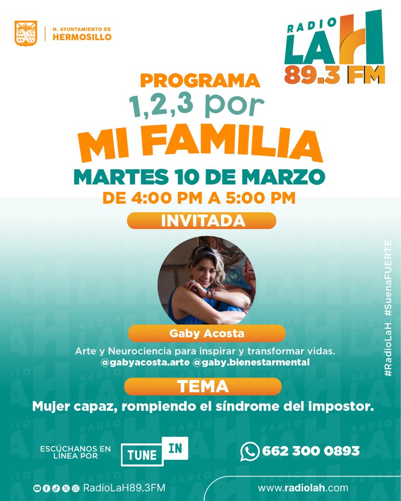 ¡Nos vemos este martes 10 de marzo en nuestro programa 1, 2, 3 por Mi Familia! 🧡 un espacio creado para informar, orientar y acompañar a las familias hermosillenses. Nos estará acompañando Gaby Acosta, con un tema de gran importancia para todas y todos.