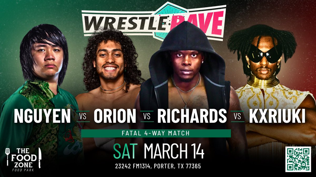WrestleRaveHTX's tweet photo. ❗️FATAL 4-WAY MATCH❗️

Dustin Nguyen vs Danny Orion vs Jay Richards vs Prince Kxriuki

📍 The Food Zone (23242 FM 1314) • Porter, TX 🗓️ Sat, March 14 🎟️ Tickets: https://t.co/4aUgo3louI https://t.co/NdiXsj4mbp