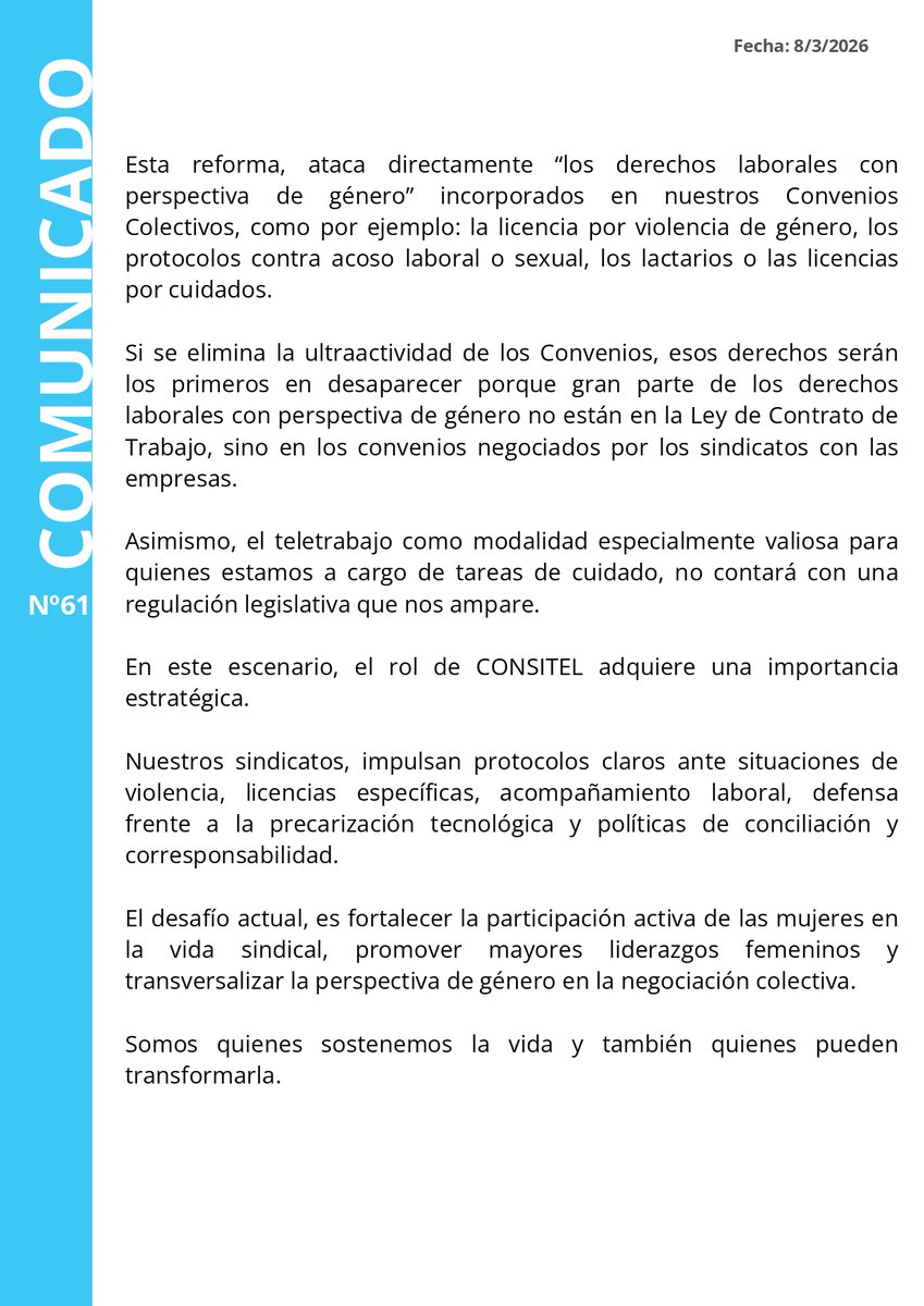 suttach's tweet photo. Comunicado de #Consitel por el #8M Día Internacional de la Mujer Trabajadora https://t.co/V5WR7IeIXK