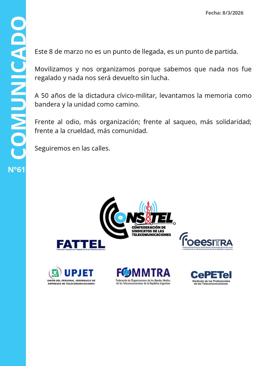 Comunicado de #Consitel por el #8M Día Internacional de la Mujer Trabajadora