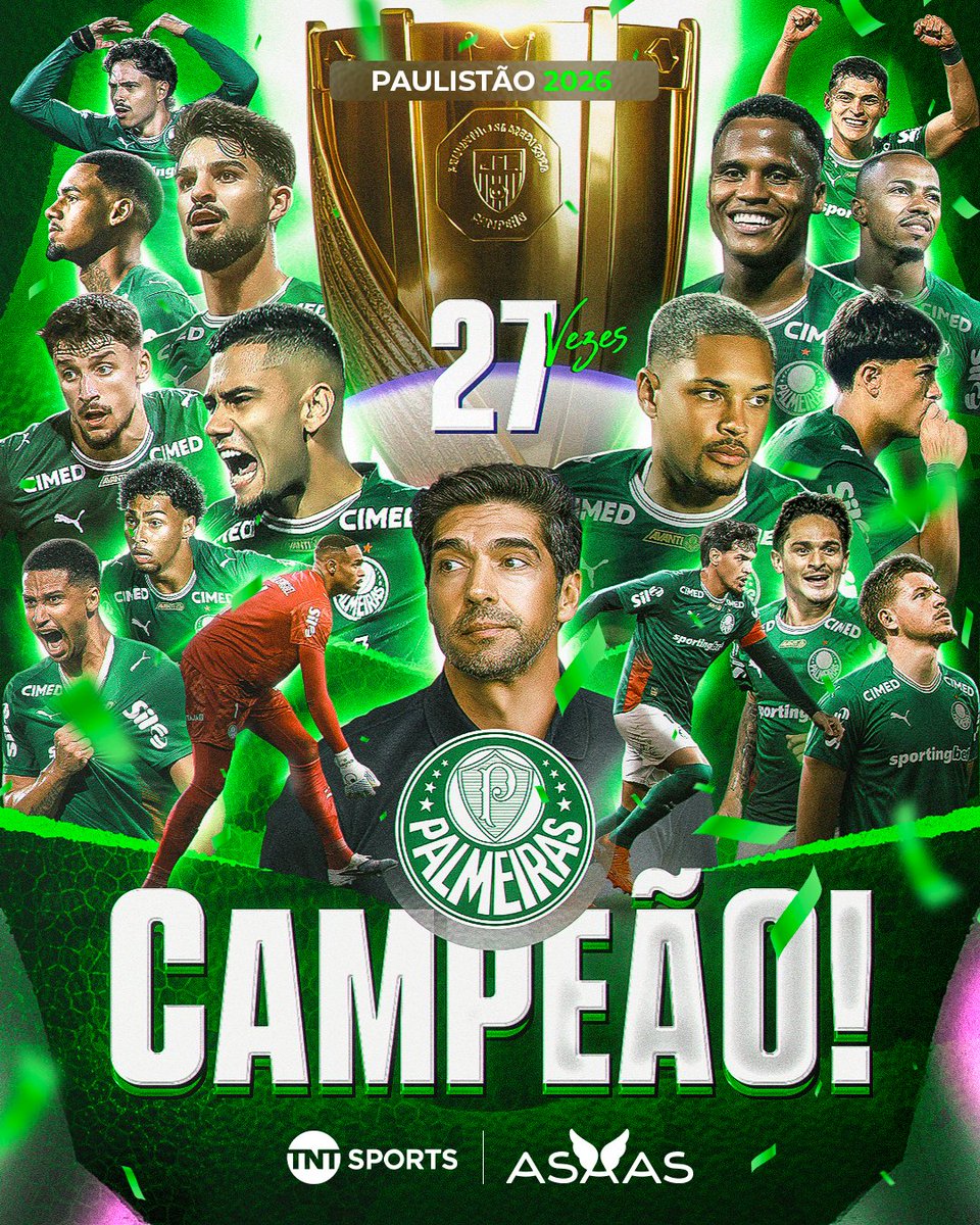 SENHORAS E SENHORES: O PALMEIRAS É O GRANDE CAMPEÃO DO PAULISTÃO 2026! 🏆🟢 O Verdão comandado por Abel Ferreira bateu o Novorizontino e conquistou pela 27ª vez a taça do Paulistão! #FutebolBrasileiro #ASPA