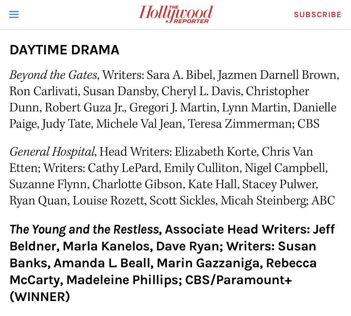 IsntDaveOne's tweet image. 🏆 #YR won the #WritersGuildAwards for Best Daytime Drama! #WGA