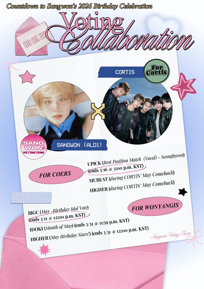 [🗳️] VOTING COLLAB ANNOUNCEMENT

We are happy to announce our collaboration with <a href="/for_cortis/">FOR_CORTIS</a> !

Wonyangi’s will vote for Seonghyeon on UPICK for the Best Position Match - Vocal poll, and in return Coer will vote for Sangwon in the May Birthday Poll on BIGC! 

Coer will also help