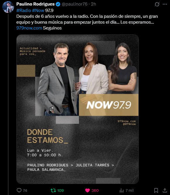 JorRausch's tweet photo. 📻Tenemos a Paulino Rodríguez y Equipo en #DondeEstamos - De 07:00 a 10:00 am de Lunes a Viernes por la 97,9 #RadioNow en @X: 👉@979Now 📻
Cc. @jultarres y @PSalamanca_