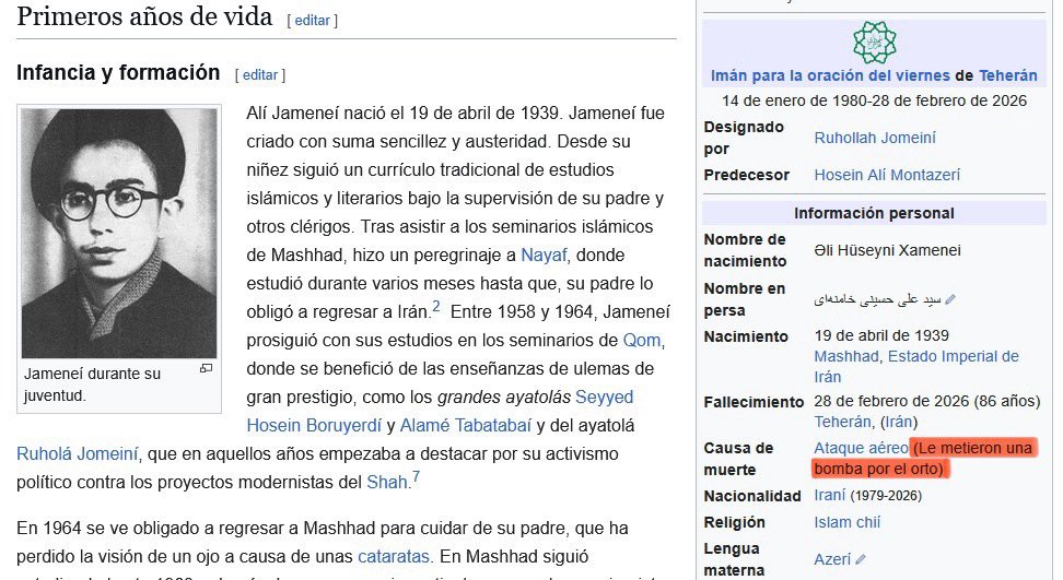 En la biografía de Wikipedia del ayatollah Khamenei, en la causa de muerte, aparece que LE METIERON UNA BOMBA EN EL ORTO

AJJAJSJSJAJAJAJAJAJAJAJJAJAAJJAJAJAJAJAAJJAJAJAJAJAJAJAJAJSJSJAJAJAJAJJAJAJAJAJASJAJ