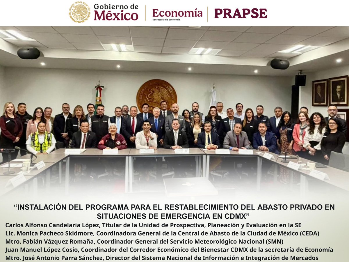 lic_aguadohdez's tweet photo. En la Ciudad de México se llevó a cabo la instalación del Comité de Abasto Privado del Programa para el Restablecimiento del Abasto Privado en Situaciones de Emergencia (#PRAPSE), una iniciativa que busca fortalecer la coordinación entre autoridades, sector privado y especialistas para garantizar la continuidad del abasto ante posibles situaciones de #emergencia.
En el encuentro participaron Carlos Alfonso Candelaria López, Titular de la Unidad de Prospectiva, Planeación y Evaluación en la Secretaría de Economía; Mónica Pacheco Skidmore, Coordinadora General de la Central de Abasto de la Ciudad de México; Fabián Vázquez Romaña, Coordinador General del Servicio Meteorológico Nacional; Juan Manuel López Cosio, Coordinador del Corredor Económico del Bienestar CDMX de la Secretaría de Economía; y José Antonio Parra Sánchez, Director del Sistema Nacional de Información e Integración de Mercados.
#Productividad
