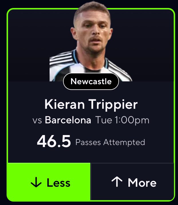 KtownProps's tweet image. POTD ⚽️🧲

Kienan Trippier “U” 46.6 Passes Attempted 🚂

Let’s go for a 26-4 POTD run 🎯 

Like and follow if your tailing 💙💙

#Prizepicks