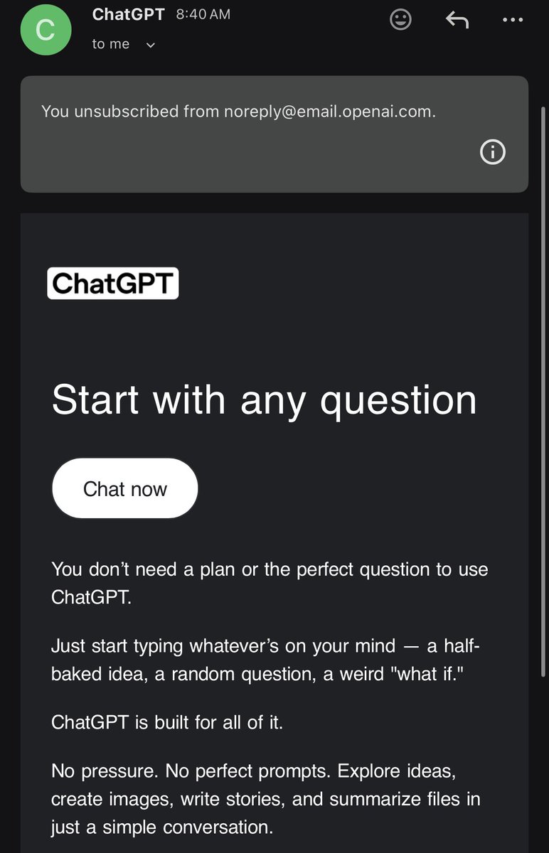 0xPanha's tweet photo. When AI company email to user to push to ask questions, you know there are something wrong there 😂 https://t.co/VvdvSWGD62