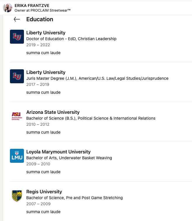 First picture is Erika Frantzve's LinkedIn page last week when I covered the fact that ASU didn't offer International Relations degree and didn't list her as graduating summa cum laude.

The second picture is Erika Frantzve's LinkedIn page from tonight when I pulled it up to
