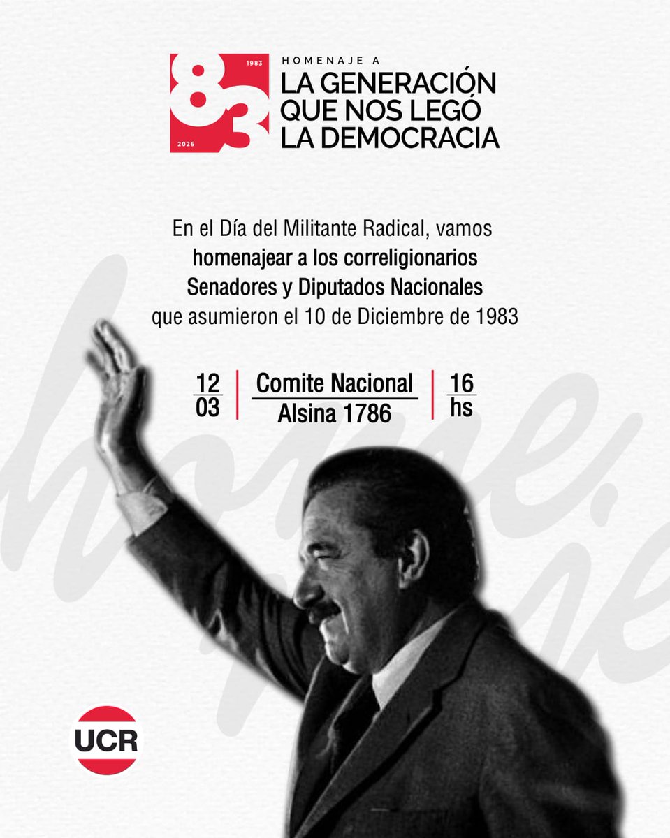 UCRNacional's tweet photo. HOMENAJE A LA GENERACIÓN QUE NOS LEGÓ LA DEMOCRACIA 🇦🇷 🇮🇩

Este 12 de marzo vamos a homenajear a quienes lucharon por la vuelta de la democracia y asumieron una responsabilidad histórica el 10 de diciembre de 1983.

El jueves te esperamos en el Comité Nacional https://t.co/8UBLR6lVsv