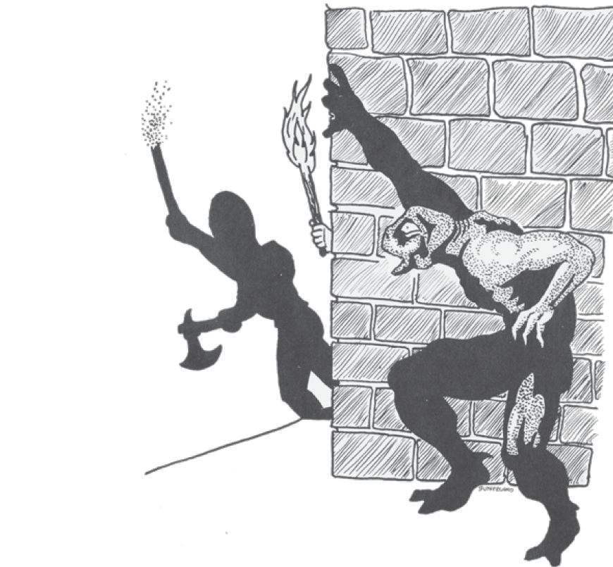 Dave Sutherland's ambush panel from Blackmoor is one of the earliest examples of D&amp;D art that suggests actual interaction between monsters and adventurers. Most D&amp;D art so far had depicted simple and static concepts, like pictures of monsters or treasure. 