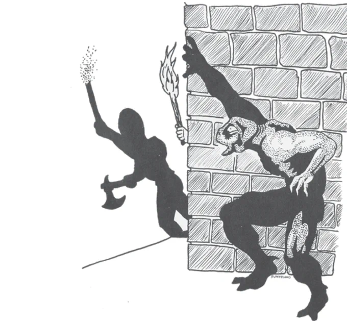 Dave Sutherland's ambush panel from Blackmoor is one of the earliest examples of D&amp;D art that suggests actual interaction between monsters and adventurers. Most D&amp;D art so far had depicted simple and static concepts, like pictures of monsters or treasure. 