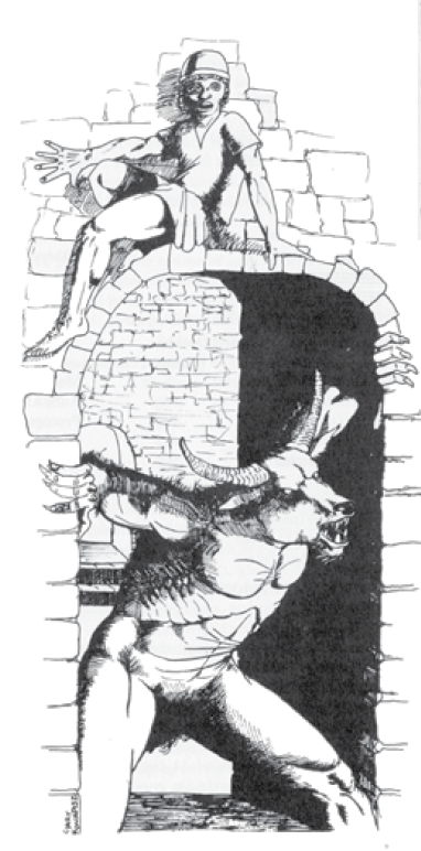 Instead of depicting simple monsters or static scenes, Gary Kwapisz used his single entry in Eldritch Wizardry to create a more complex in-game scenario, inspired by his "love of comics and telling stories with pictures." This panel served as an early piece of instructional art 