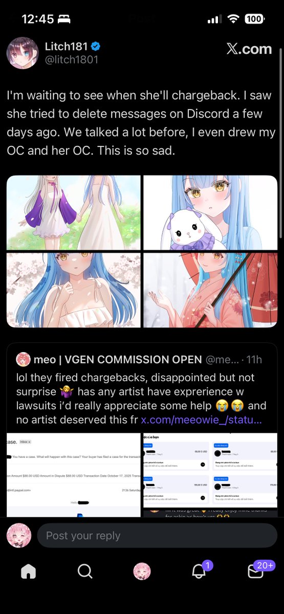 blossumVT's tweet photo. That one MF that prompted this post is STILL going around issuing chargebacks, and starting to delete even more of their messages with their artists. Please screenshot your convos if you had a comm from WaretaGarasu. 
Artists below 👇 https://t.co/sCGoWvFGVA