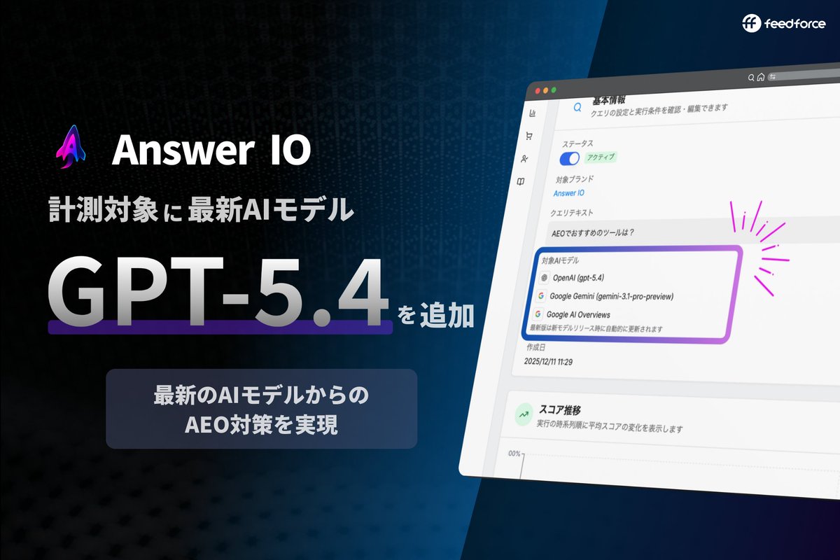 answerio_ff's tweet photo. \\ 対応モデル追加のお知らせ //    

国産AEOツールAnswer IOの対応モデルに 
OpenAIが先日発表したGPT-5.4を追加いたしました！

Answer IOでは
AI検索におけるスコア測定を最新モデルで 計測していただけます！  

#AEO #LLMO #GEO #GPT https://t.co/CjaoDQRZXj