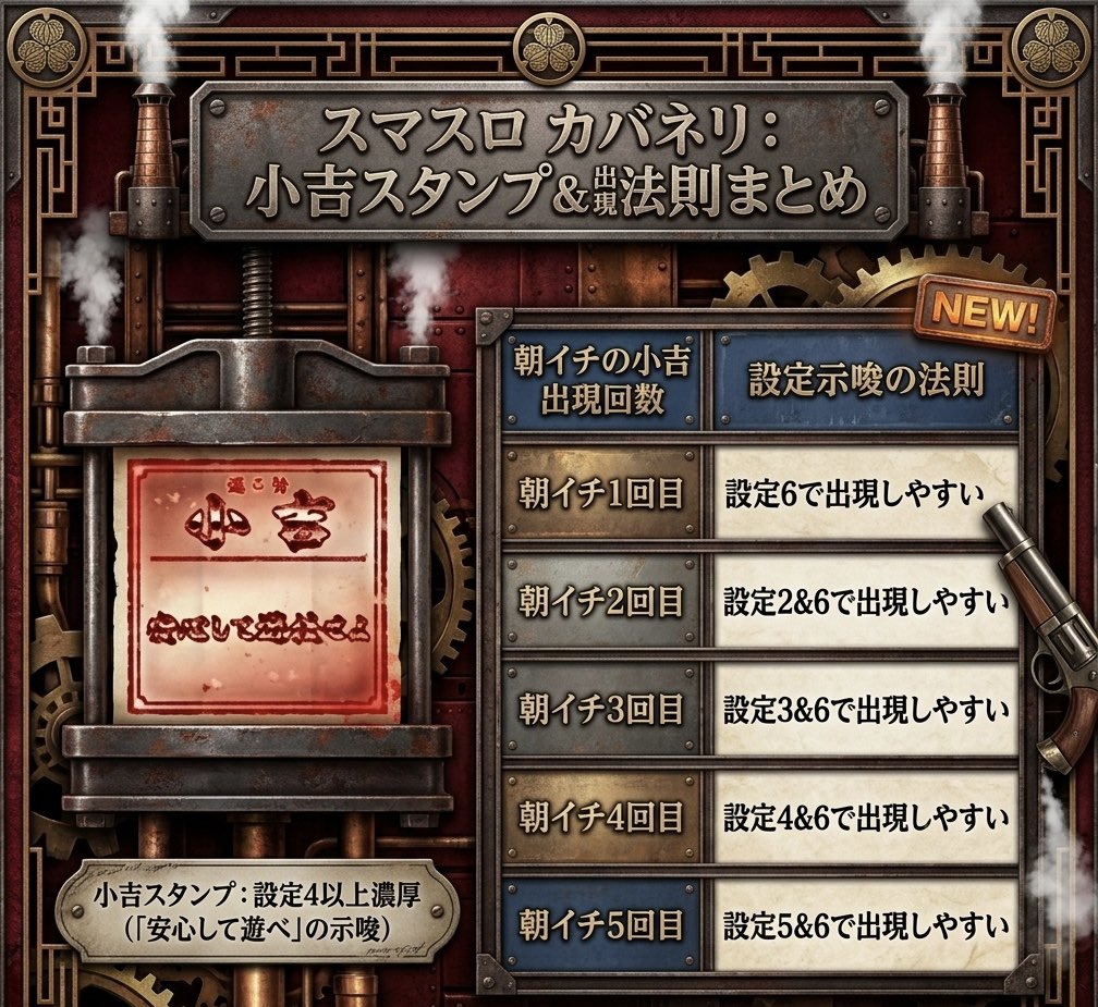 hitagigamble's tweet photo. 【保存版】朝イチのカバネリ、これで迷わない！🔥

「設定2以上」を示す小吉スタンプですが、朝イチ何回目で出るかで高設定の期待度がガラリと変わります。
設定6なら1回目、設定5なら5回目に注目…！？👀

朝の立ち回りの決定打に、ぜひ画像を保存してご活用ください！ https://t.co/YUpggFsIC7