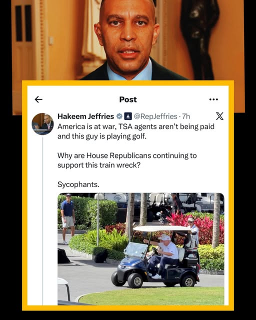 RickyDoggin's tweet image. Hakeem Jeffries calls out Donald Trump for playing golf while America is at war.
He even referred to Republicans who support Trump as “sycophants.”

But I didn’t hear Jeffries say a single word when **Barack Obama was shooting hoops, relaxing on the beach, and playing golf while