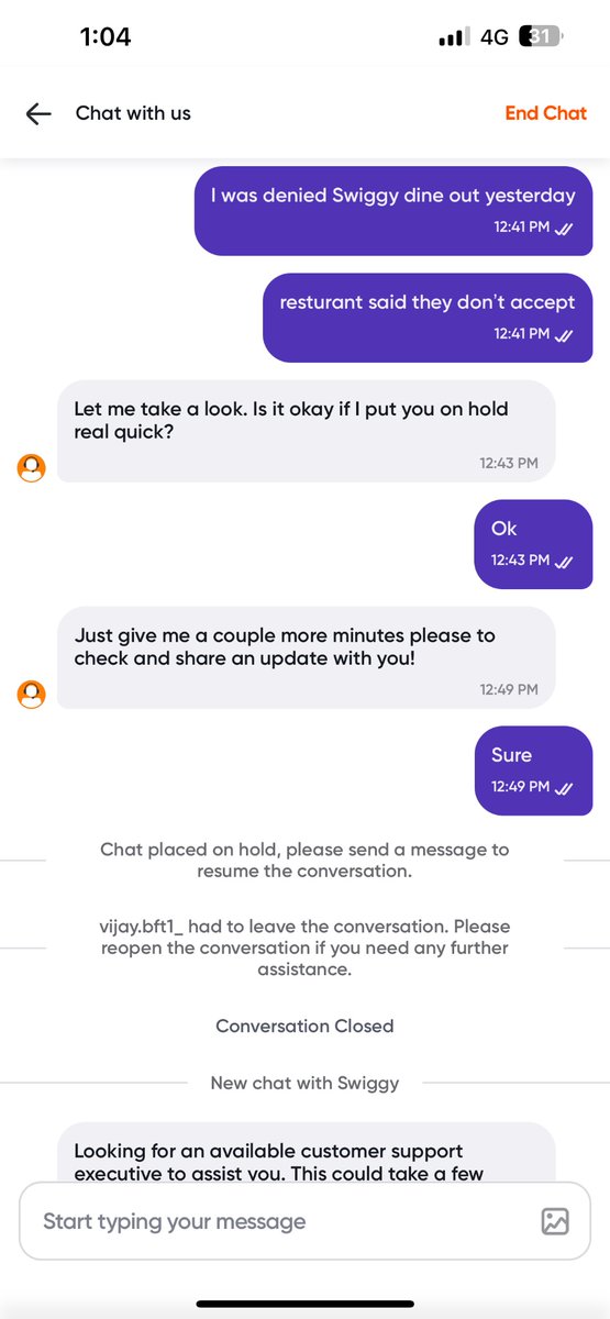 UtkarshAga60577's tweet photo. @SwiggyCares @Swiggy @swiggydineout It’s for dine out 
Order # 231965405189086

They say they will help , put chat on hold without replying https://t.co/AEimfeF62J