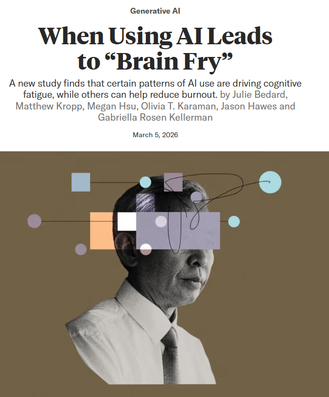 antonello's tweet photo. Este estudio con 1488 trabajadores además de resultados interesantes, empieza a medir el impacto de meter agentes de inteligencia artificial en la empresa.

Lo que va a salir en los titulares, "AI brain fry": La fatiga mental aumentó al usar más de tres herramientas y supervisar a varios agentes de IA. 

Un 14% de quienes usan IA en el trabajo sufren esta fatiga y eso tiene efectos: un 33% más de fatiga decisoria, lo que se traduce en peores decisiones; 11% más de errores menores y 39% de más errores mayores que quienes no lo sufren; La intención de abandonar la empresa es mucho más alta, pasa del 25% al 34% entre los usuarios de IA que experimentan esta fatiga mental.

Pero la automatización de tareas repetitivas redujo el quemarse en el trabajo (los autores dicen "burnout"). Ojalá investiguemos y empujemos más esta parte.

En esos casos los trabajadores reflejan más motivación, más compromiso, emociones más positivas hacia la IA y mejor conexión social con los compañeros, porque libera tiempo para tareas creativas y para interactuar (ya contamos en @monospodcast el síndrome de la IA trabaja y yo en la máquina del café).

Los creadores del estudio proponen que al rediseñar puestos y flujos de trabajo pensando en el binomio humano + inteligencia artificial, se limite el número de agentes bajo supervisión y se evite “apilar” herramientas sobre la misma persona.

yo soy un poco escéptico de que se les haga caso, porque estamos en el momento de "mete IA a tope para buscar productividad y que se vea en los números". 

De entrada casi creo que cada empleado debe empezar a tener formación de gestor de equipos porque eso es lo que va a tener con los agentes de IA.

El artículo sobre el estudio https://t.co/AtDpAvIQwQ